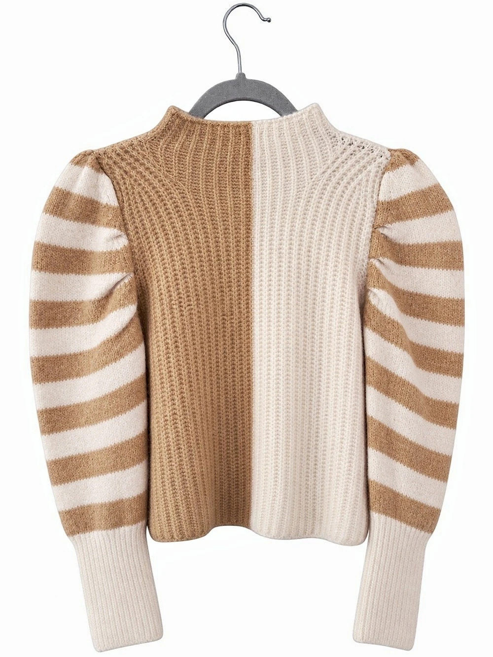 LUSH Striped Color Block Sweater in Cream & Golden Brown w puff sleeves S/M